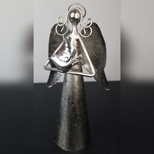 Silver Metal Angel Figurine with Bird - Home Art Decor